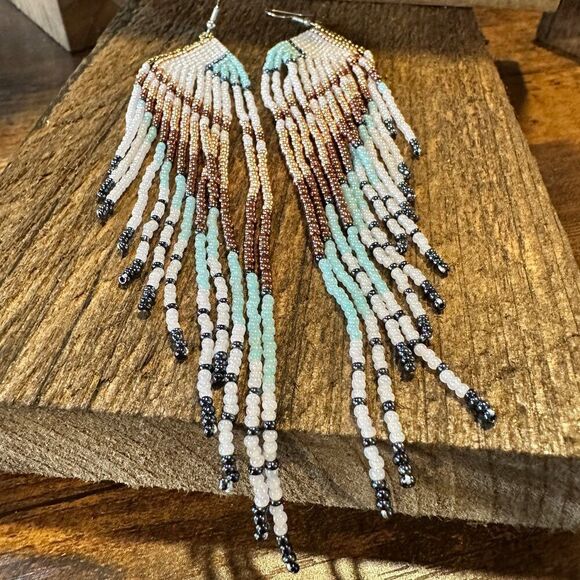 Boho Native American Navajo Seed Bead Dangle Wire Earrings, Turquoise Stone, Gi - Picture 8 of 11